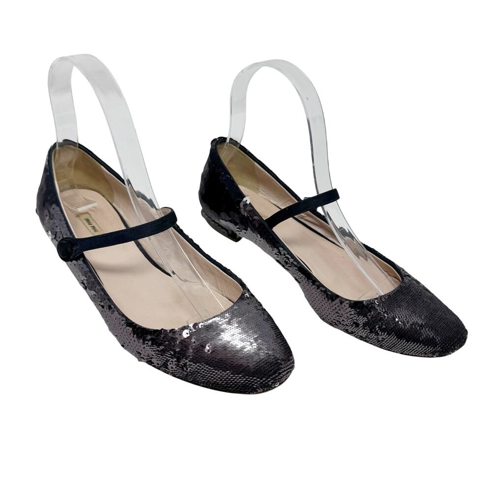 Miu Miu Y2K Black Silver Paillette Sequin Mary Jane Flats Size 36